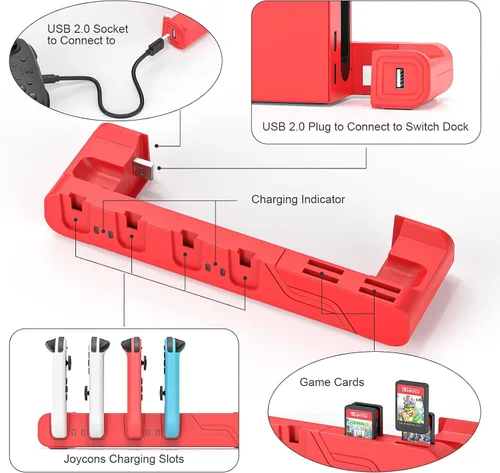 Vista 4 de Base de carga para controlador de interruptor compatible con Nintendo Switch OLED Mario Red Edition y Switch Model Joycon, estación de carga