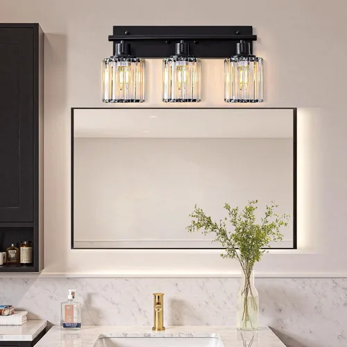 Vista 8 de Luz de tocador, 3 luces de cristal negro moderno para baño con 3 bombillas E26, luces de tocador para baño, dormitorio, sala de estar, pasillo