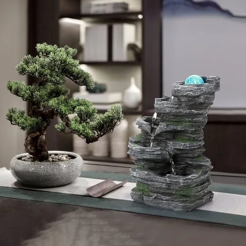 Vista 3 de WICHEMI Fuente de agua de mesa, fuente de agua para interiores con bola rodante LED, rocas apiladas, función de agua, meditación zen para decoración