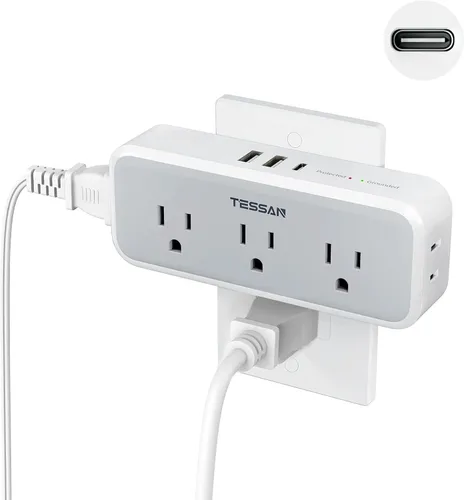 Vista 8 de TESSAN - Extensor de enchufe múltiple, divisor de enchufe de pared con protector de sobrecarga y 5 expandidores de salida eléctrica, adaptador