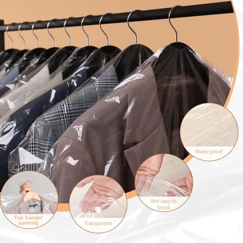Vista 3 de Bolsas de ropa para colgar ropa, 90 bolsas de limpieza en seco, bolsas de limpieza en seco de plástico transparente de 35.4 pulgadas, cubierta