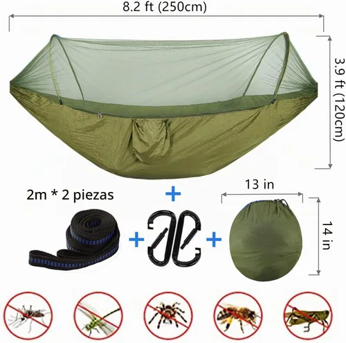 Vista 5 de LFL Hamaca de camping con mosquitero, hamacas con correas de árbol de 13 pies y mosquetones, hamaca portátil automática de apertura rápida para Negro