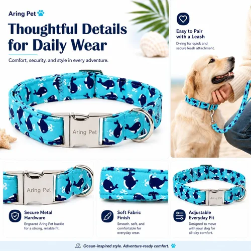 Vista 123 de Aring Pet Collar de algodón, ligero y ajustable, con hebilla de liberación rápida, para perros pequeños, medianos y grandes, para cachorros, S, Hoja