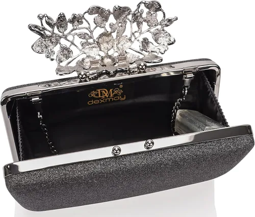 Vista 7 de Dexmay - Bolso de mano con diamantes de imitación con cierre floral de cristal, bolso de noche formal para mujer