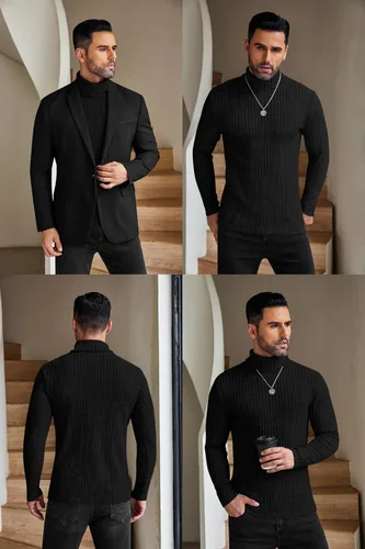 Vista 4 de Ekouaer Camisetas de cuello alto para hombre, camisa de manga larga, térmicas, ligeras, de capa base, acanaladas, suéteres sin botones, tallas S-XXL