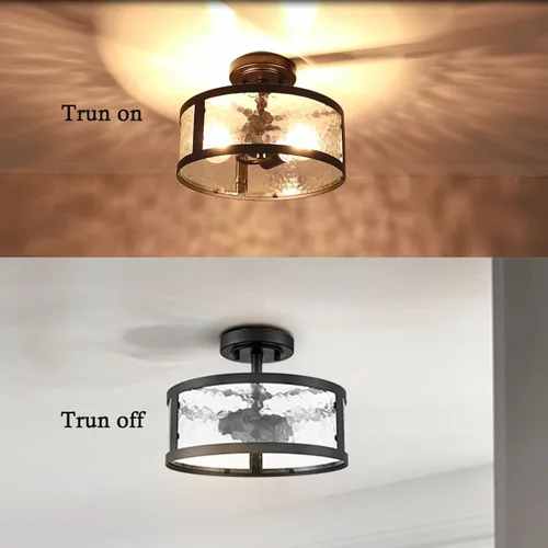 Vista 3 de Lámpara de techo semiempotrada de estilo casa de campo, accesorios de luz negra, 2 luces con vidrio martillado para dormitorio, cocina, baño, entrada