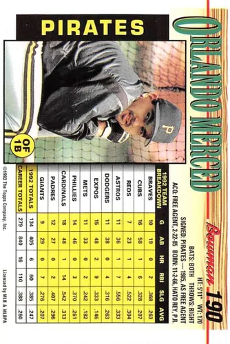 Vista 2 de Baseball MLB 1993 Bowman #190 Orlando Merced NM Pirates