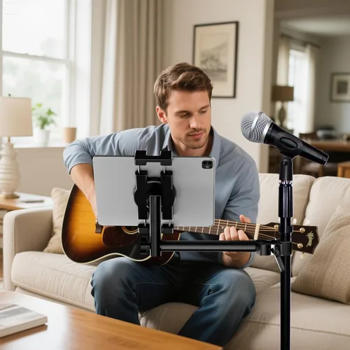 Vista 4 de Soporte para tablet para micrófono, soporte de aluminio para micrófono, soporte para iPad de música, soporte para micrófono, inclinación giratoria