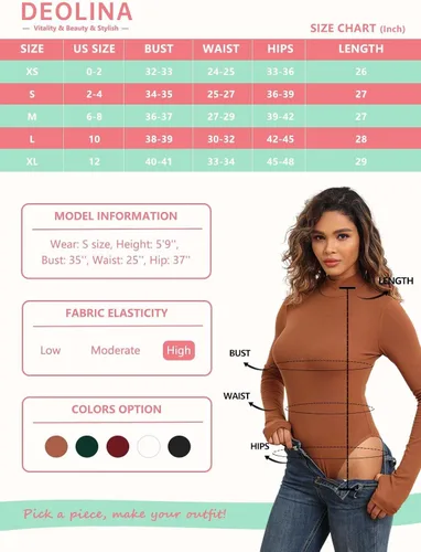 Vista 5 de DEOLINA Body básico elástico de manga larga para mujer, cómodo, leotardo casual