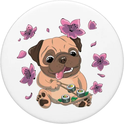 Vista 3 de Bonito perro japonés Sushi Pug Sakura Cherry Blossoms PopSockets agarre y soporte para teléfonos y tabletas, Negro