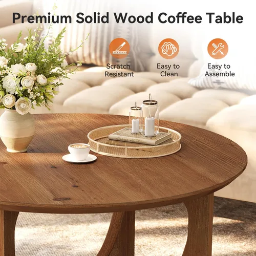 Vista 7 de Mesa de centro de madera maciza de 31.5 pulgadas, mesa central redonda de granja para sala de estar, apartamento, espacio pequeño, color marrón