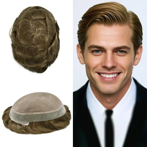 Vista 10 de Toupee para hombres Piezas de pelo fino mono para hombre Toupee sistema de reemplazo de pelo para hombres línea capilar natural para hombre postizo