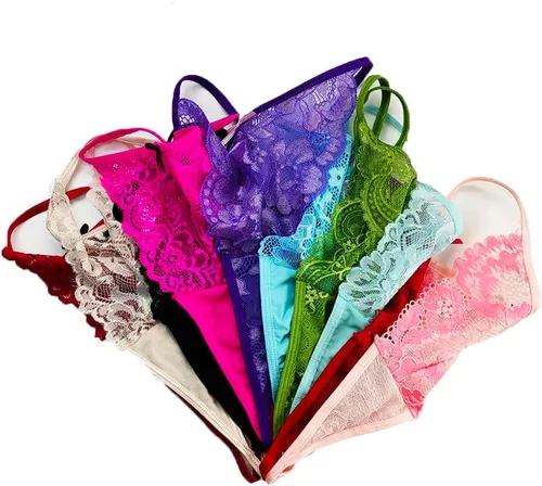 Vista 2 de Paquete de 6 tangas de encaje para mujer, ropa interior sexy con patrón de encaje y colores surtidos