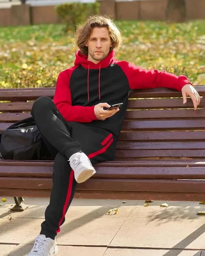 Vista 5 de Conjunto deportivo de 2 piezas para hombre, sudadera casual con capucha para hombre, atlético, deportivo, manga larga, conjunto de traje para trotar