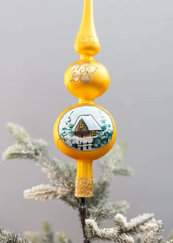 Vista 3 de Adorno para la Copa del Árbol de Navidad Spitz de Vidrio Soplado, Adornos Dorados/Plateados Decorados a Mano (13 Pulgadas / 33cm, Dorado)
