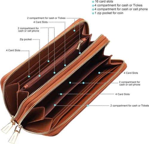Vista 3 de Cartera de piel vegana con doble cremallera y correa de sujeción de mano, Chevron Bordado Marrón