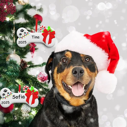 Vista 6 de Adorno de Navidad de Hueso de Perro 2025 Personalizado Decoración Colgante para Cachorros Perros Personalizada Manuscrita Primer Regalo Colgante