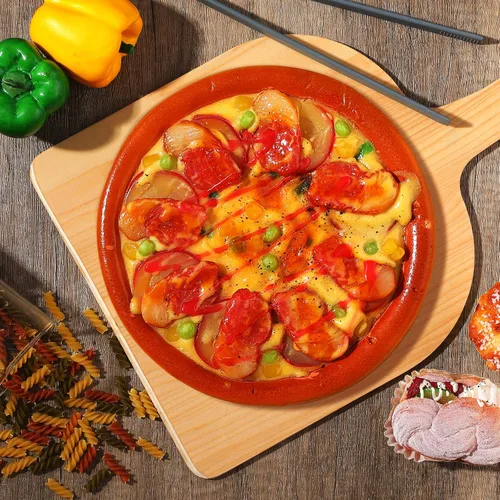 Vista 5 de Nuogo 4 piezas de madera para pizza de 12 pulgadas, espátula de pizza de madera, tabla de cortar natural con mango para restaurante, hornear, pan