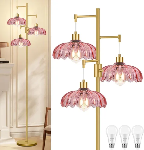Vista 18 de ZECOXOL Lámparas de pie doradas para sala de estar dormitorio - Lámpara de pie de vidrio de 3 luces con tres bombillas LED, lámpara de pie alta