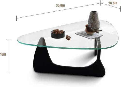 Vista 2 de Mesa auxiliar de cristal triangular, simple y moderna, mesa auxiliar vintage de vidrio y base de madera maciza, mesa auxiliar para sala de estar