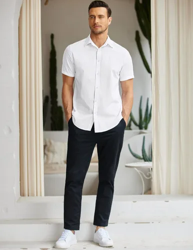 Vista 4 de COOFANDY Camisa Oxford de manga corta para hombre, de algodón, con botones y ajuste regular