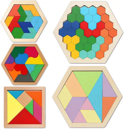 Vista 12 de Rompecabezas de bloques de madera para niños y adultos, rompecabezas de hexágono, juegos de rompecabezas de madera, juguete de forma