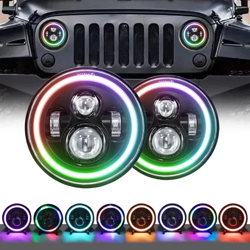 Vista 10 de Shkalacar Faro LED H4 de 7 pulgadas 140W Ojos de Ángel Faros redondos 4 modos 14000LM 6000K Blanco/3000K Ámbar Faro de coche y motocicleta Auto Ring