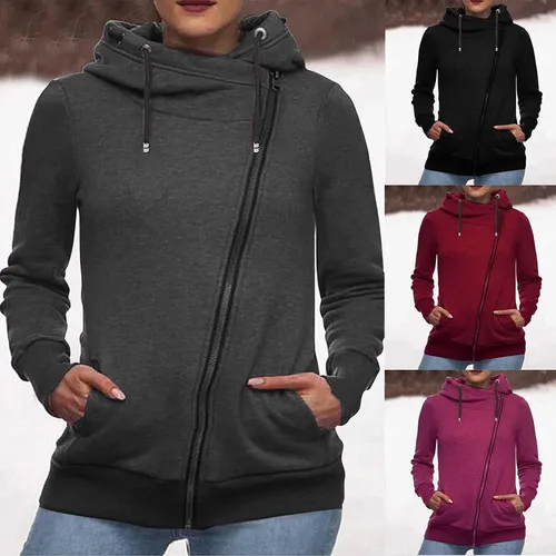 Vista 4 de Sudadera con capucha con cremallera oblicua de las mujeres con capucha con cremallera completa con capucha y bolsillos