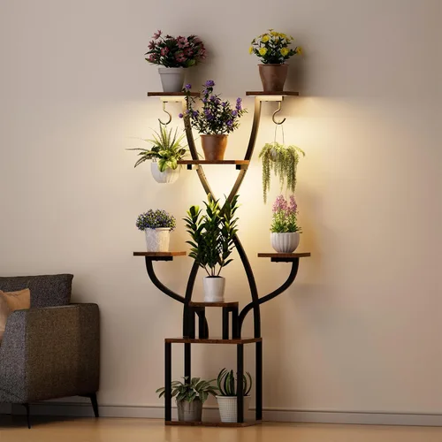 Vista 7 de Soporte para plantas de interior con luces de crecimiento, estante de metal de 8 niveles para múltiples plantas, soporte de esquina de 64 pulgadas