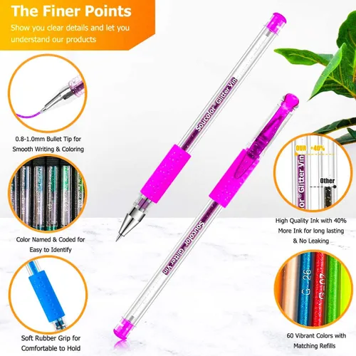 Vista 3 de Soucolor Bolígrafos de gel con purpurina para libros de colorear para adultos, suministros escolares de clase de arte, paquete de 120 unidades, 60