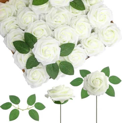 Vista 12 de 25 rosas realistas negras, flores artificiales de espuma de látex con tallos flexibles y 8 hojas para decoración de bodas, hogar y fiestas Negro