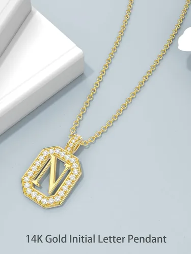 Vista 4 de DPUY Collar con dije de letra inicial del alfabeto de oro amarillo sólido de 14 quilates de la A a la Z para mujeres y niñas, joyería de regalo