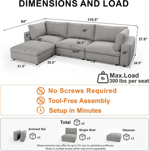 Vista 2 de Sofá modular Cloud de 110 pulgadas con funda lavable, sofá modular de asiento profundo para sala de estar, sofá modular de gran tamaño con almohada