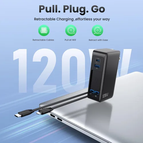Vista 2 de Bloque de cargador USB C de 120W con 2 cables retráctiles integrados, cargador GaN IV 4 en 1 de carga rápida con enchufe plegable, cargador