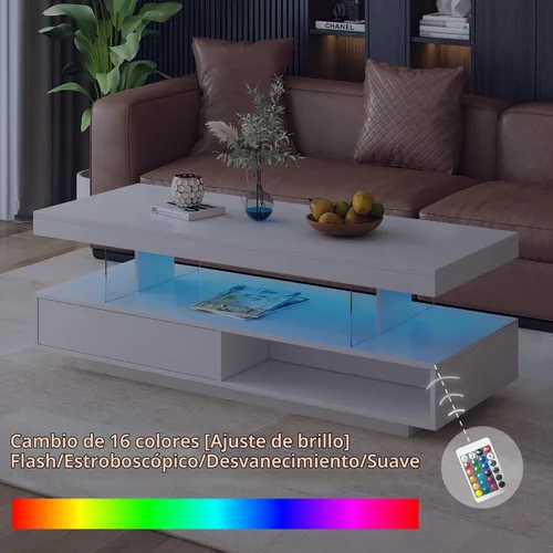 Vista 3 de LUMISOL Mesa de centro rectangular LED con cajón y estante, color blanco