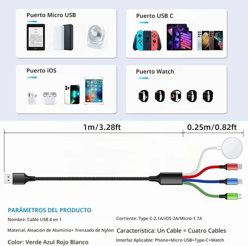Vista 4 de Travel Essentials - Cargador de iWatch y iPhone 4 en 1, cable de carga múltiple para Apple Watch, USB C, micro nailon, compatible con iWatch