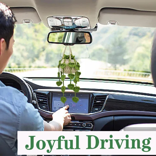 Vista 2 de Adorno para colgar en automóvil, lindo adorno de planta de ganchillo para espejo retrovisor, decoración de espejo retrovisor tejido a mano