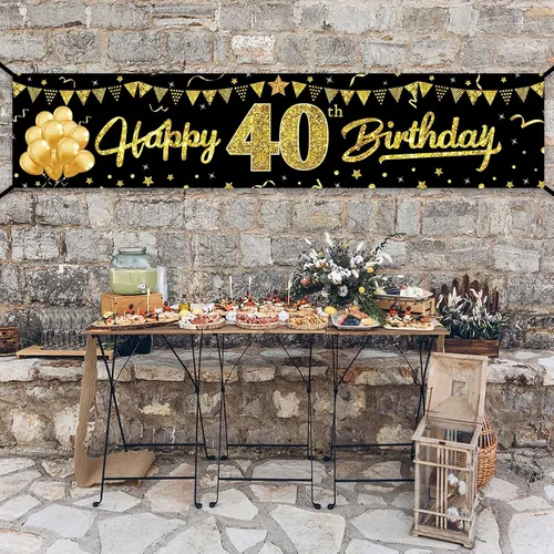 Vista 7 de Cartel decorativo de cumpleaños número 40 para hombres y mujeres, suministros de fiesta de letrero negro y dorado de 40 años, decoración de fiesta