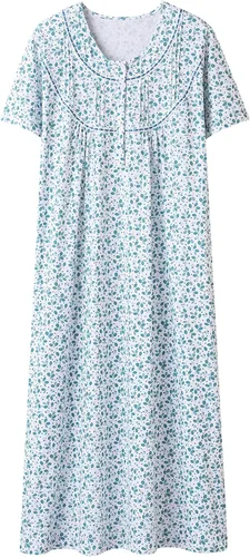 Vista 12 de Keyocean - Camisón de manga corta para mujer, 100 % algodón, suave, cómodo, ligero, con encaje, para verano, ropa de dormir Floral azul