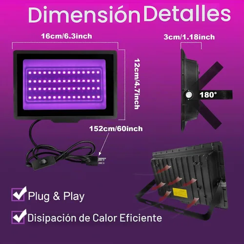 Vista 5 de Paquete de 2 Luces Negras LED de 40W IP66 Impermeables, Luz Negra con Enchufe e Interruptor, Reflector para Fiesta Fluorescente, Decoración