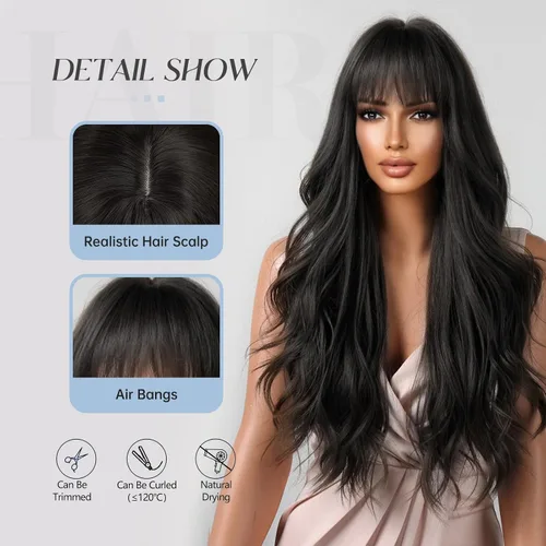 Vista 3 de Allbell - Pelucas largas negras para mujer, rizada, sintética, con flequillo, onda corporal, de aspecto natural, fibra resistente al calor, cabello