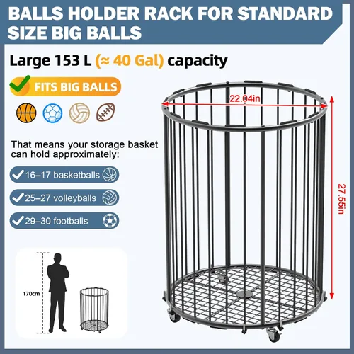 Vista 3 de Hencawima Garage Ball Storage: Round Sports Equipment Organizer with Wheels, Sports Ball Rack With Elastic Rope, Ball Holder for Basketball, Soccer