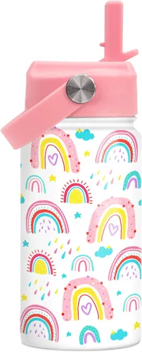 Vista 21 de SANDJEST Botella de Agua para Niños con Tapa de Pajita - 12 Oz Botella de Acero Inoxidable Aislada con Dibujo de Animales para Niños y Niñas - Taza