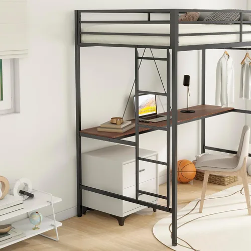 Vista 4 de Cama tipo loft de metal individual con escalera y rieles de protección de alta seguridad, cama loft moderna multifuncional para niños, adolescentes