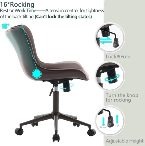 Vista 6 de YOUTASTE Silla de escritorio de oficina sin brazos con ruedas, silla giratoria ajustable, tapizada de piel sintética, soporte ergonómico