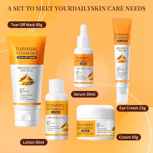 Vista 5 de Juego de cuidado de la piel de cúrcuma para mujeres, kit de cuidado facial hidratante y nutritivo con limpiador, tónico, suero, crema para ojos e