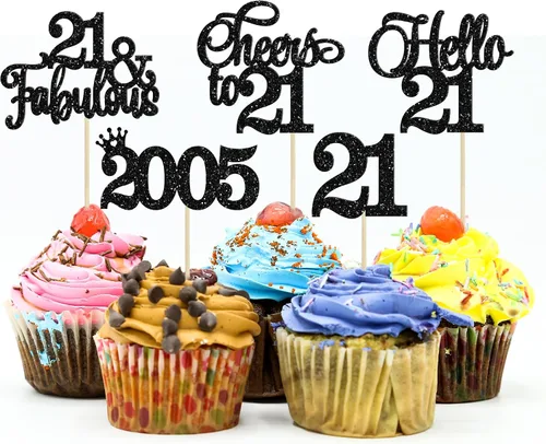 Vista 13 de Gyufise Paquete de 24 adornos negros para cupcakes de 10.º cumpleaños con purpurina negra 10 Ten Hello 10 Dights dobles desde 2015 para decoraciones