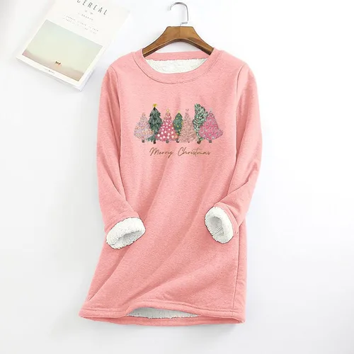 Vista 2 de Sudaderas feas de Navidad para mujer, con forro polar, con gráfico de árbol de Navidad, cuello redondo, ropa de Navidad a la moda