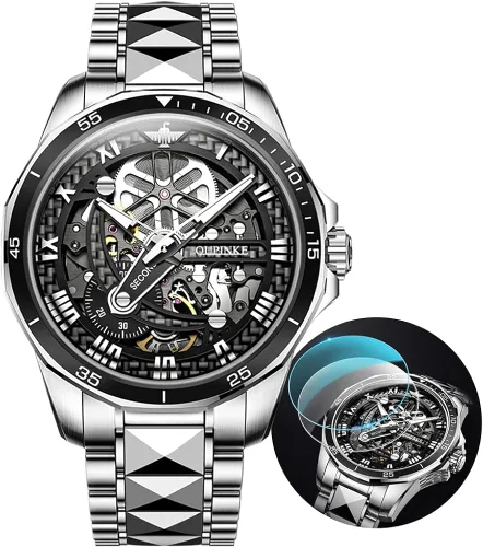 Vista 8 de OLEVS Mens Skeleton Automatic Watch Fashion Big Face Sapphire Crystal Roman Numerals Self Winding Watches Gold Silver Black Tungsten Steel Watch for