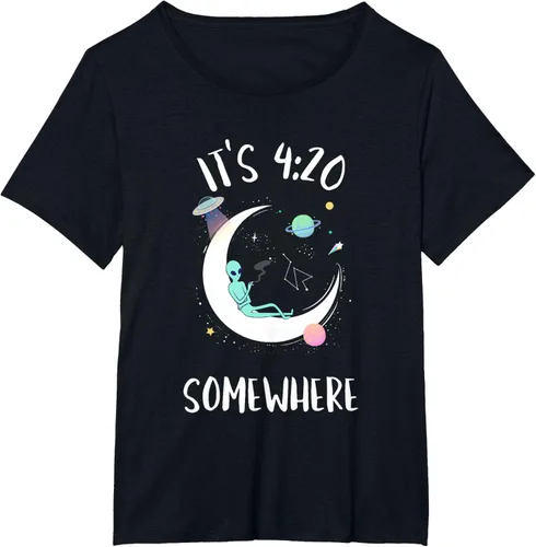 Vista 23 de Funny Weed Joint Smoking Moon Alien It's 4:20 Somewhere Camiseta, Negro, S